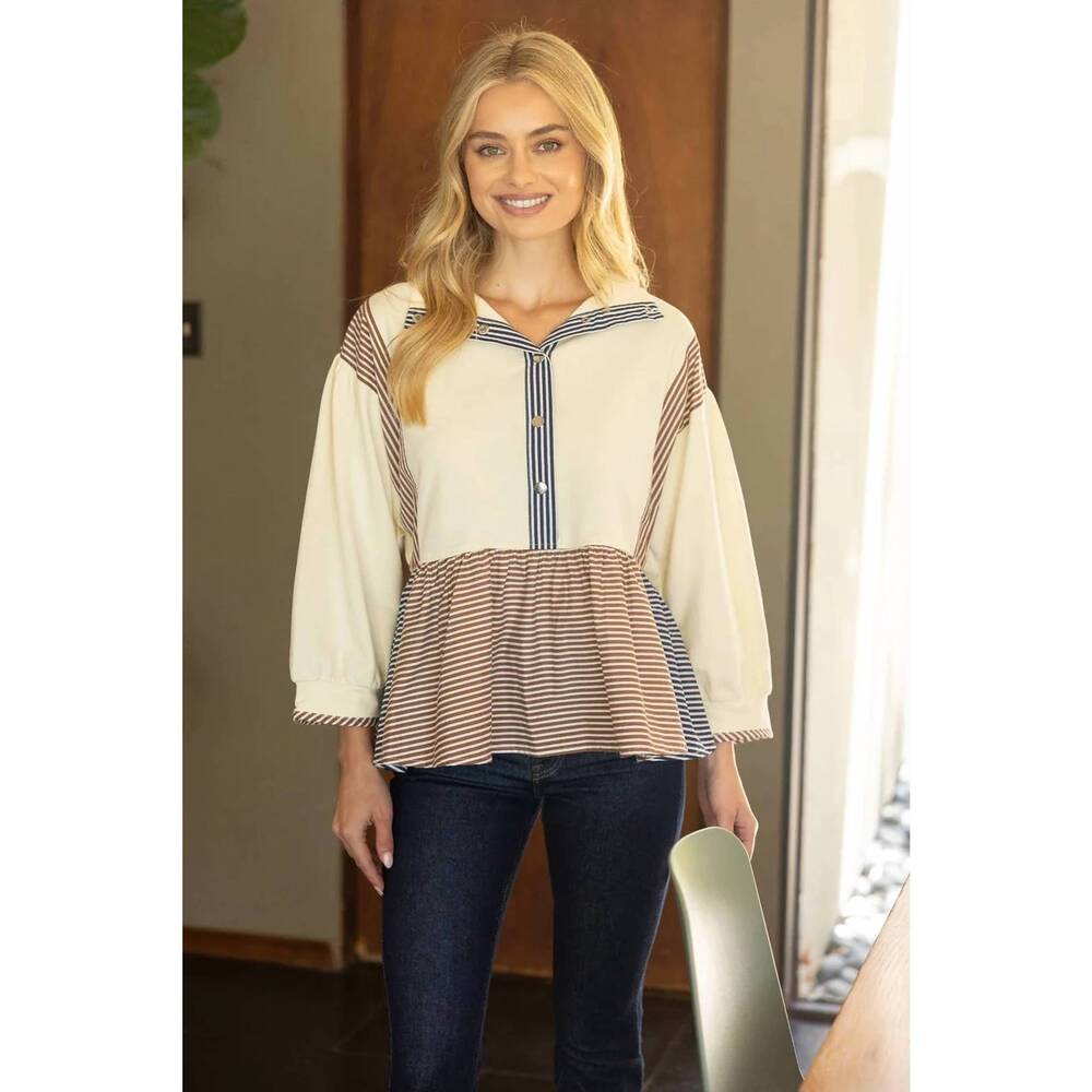 NEW VOY half snap button color block peplum sweatshirt in cream